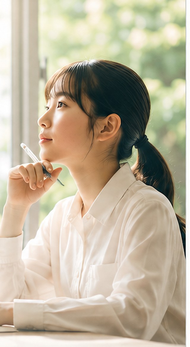 窓辺の机で、ペンを手に考えている生徒